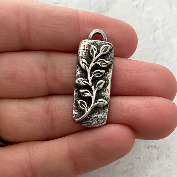 Load image into Gallery viewer, Vine Flower Bar Pendant, Antiqued Silver Pewter Rectangle Charm for Jewelry Making, PW-6122
