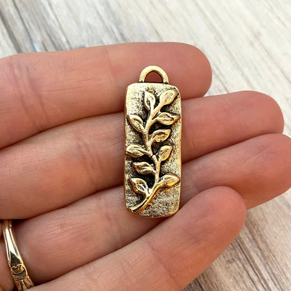 Load image into Gallery viewer, Vine Flower Bar Pendant, Antiqued Gold Rectangle Charm for Jewelry Making, GL-6122
