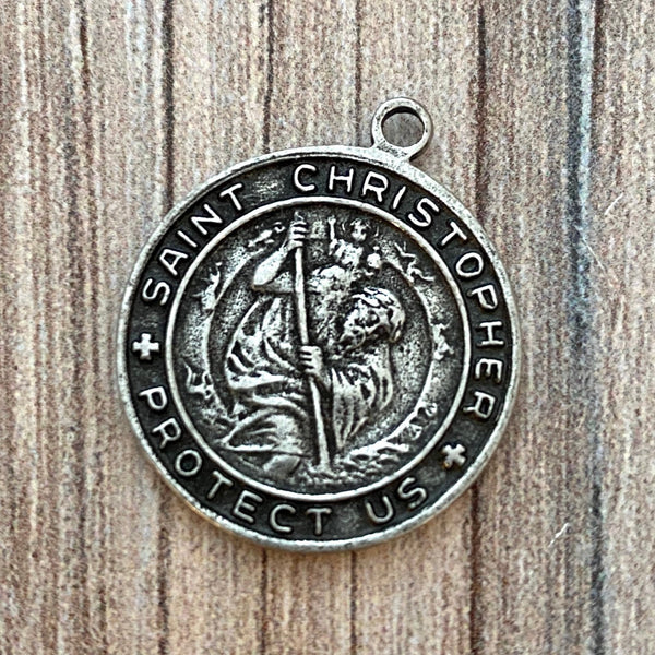 Load image into Gallery viewer, St. Christopher Catholic Medal, Silver Pendant, Medallion, Religious Charm Jewelry, Protect Us, PW-6093
