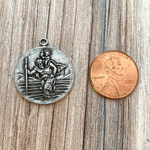 St. Christopher Catholic Medal, Silver Pendant, Medallion, Religious Charm Jewelry, Protect Us, PW-6093