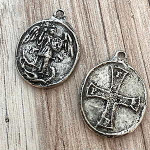 Archangel St. Michael, Catholic Medal, Antiqued Silver Cross Pendant, Religious Charm, Protect Us, Protection Christian Jewelry, PW-6177