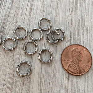 9mm Large Silver Jump Rings, Textured Jump Ring, Brass Jump Rings, 10 rings, PW-3007