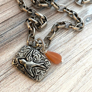 Bird Pendant, Antiqued Rustic Brown Rectangle Nature Charm for Jewelry Making, BR-6117