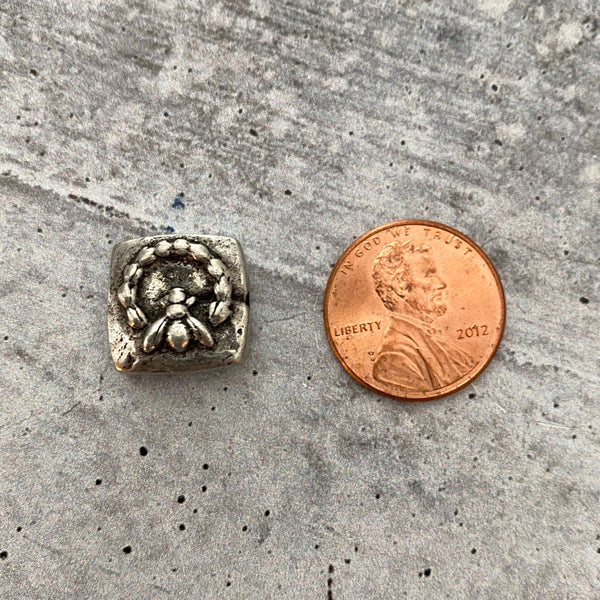 Load image into Gallery viewer, Organic Bee Slider Bead, Square Antiqued Silver Pewter Finding, Jewelry Components Supplies, PW-6121
