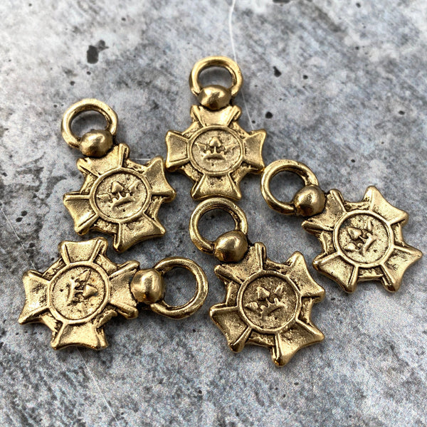 Load image into Gallery viewer, Small Cross Charm with Crown, Antiqued Gold, Artisan Pendant Charm, Jewelry Making, GL-6125
