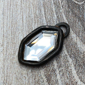 Swarovski Crystal Clear Hexagon Charm, Antiqued Rustic Brown Rhinestone Pendant, Jewelry Making Artisan Findings, BR-S013