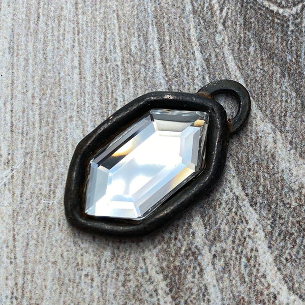 Load image into Gallery viewer, Swarovski Crystal Clear Hexagon Charm, Antiqued Rustic Brown Rhinestone Pendant, Jewelry Making Artisan Findings, BR-S013
