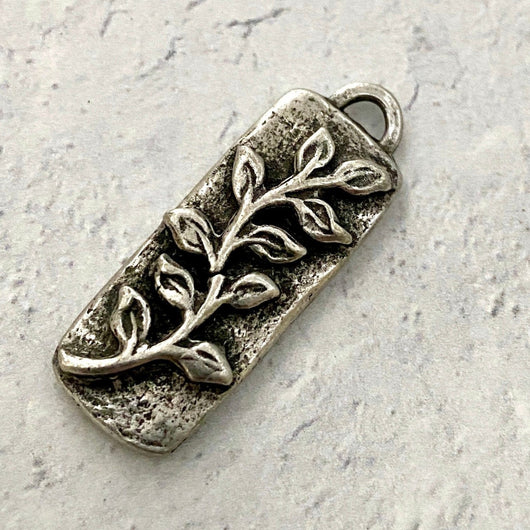 Vine Flower Bar Pendant, Antiqued Silver Pewter Rectangle Charm for Jewelry Making, PW-6122