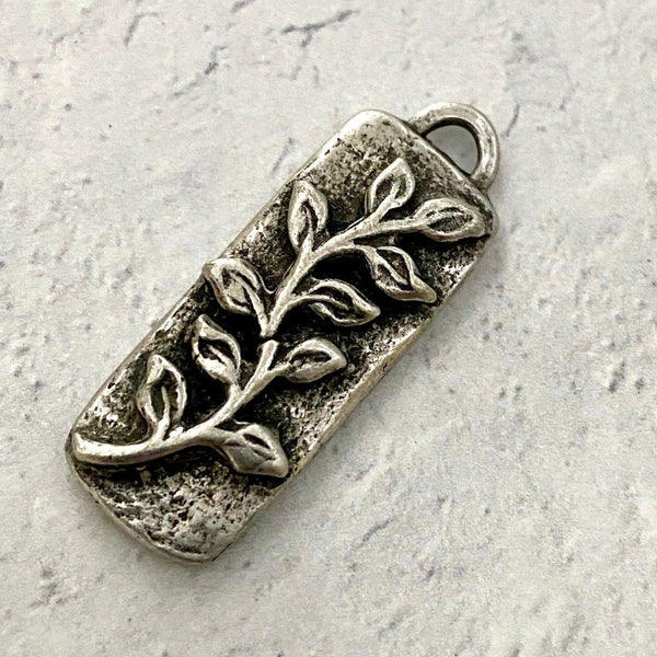 Load image into Gallery viewer, Vine Flower Bar Pendant, Antiqued Silver Pewter Rectangle Charm for Jewelry Making, PW-6122
