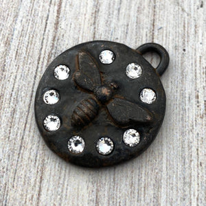 French Bee Pendant with Swarovski Crystal Rhinestones, Honeybee Charm with Sparkle, Antiqued Rustic Brown, Jewelry Supplies, BR-6191