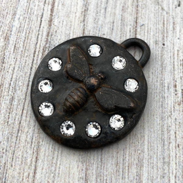 Load image into Gallery viewer, French Bee Pendant with Swarovski Crystal Rhinestones, Honeybee Charm with Sparkle, Antiqued Rustic Brown, Jewelry Supplies, BR-6191
