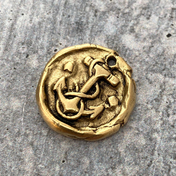 Load image into Gallery viewer, Wax Seal Anchor Charm, Antiqued Gold Pendant, Nautical Ship Jewelry Making, GL-6126
