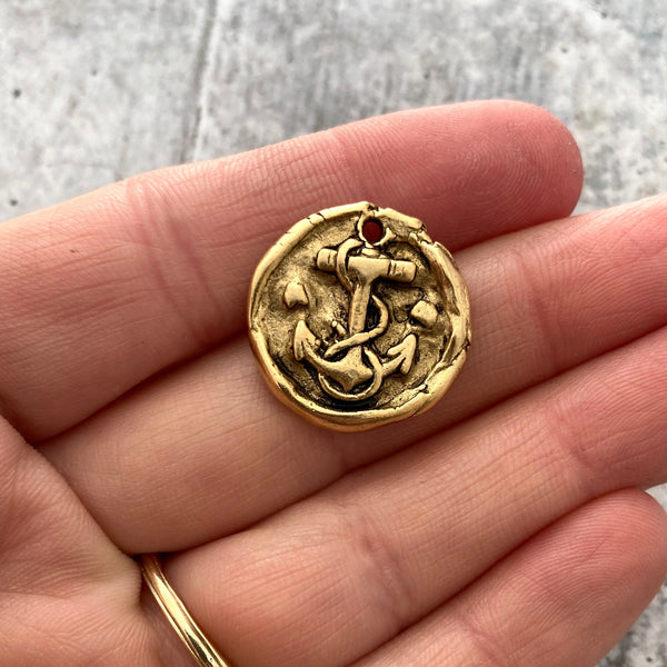 Load image into Gallery viewer, Wax Seal Anchor Charm, Antiqued Gold Pendant, Nautical Ship Jewelry Making, GL-6126
