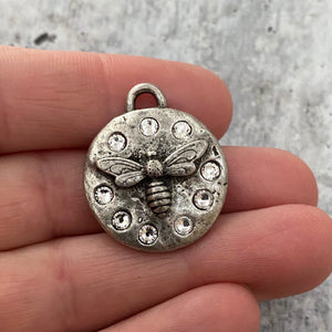 French Bee Pendant with Swarovski Crystal Rhinestones, Honeybee Charm with Sparkle, Antiqued Silver Pewter, Jewelry Supplies, PW-6191