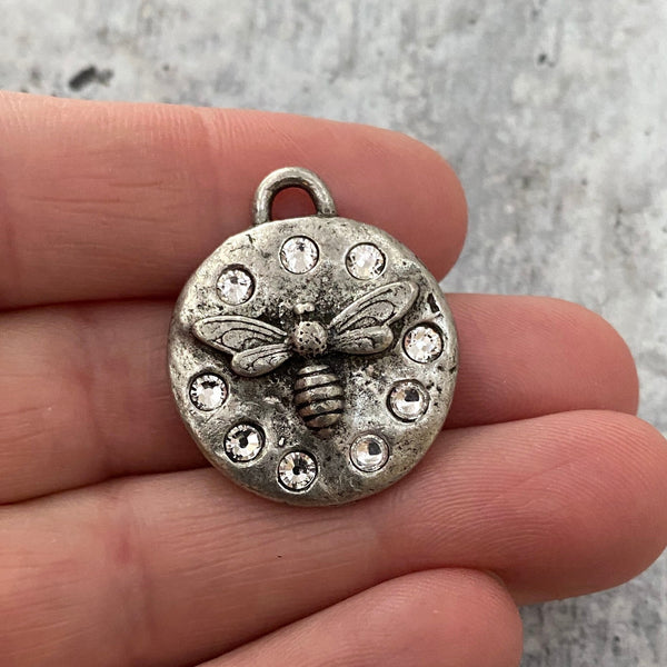 Load image into Gallery viewer, French Bee Pendant with Swarovski Crystal Rhinestones, Honeybee Charm with Sparkle, Antiqued Silver Pewter, Jewelry Supplies, PW-6191
