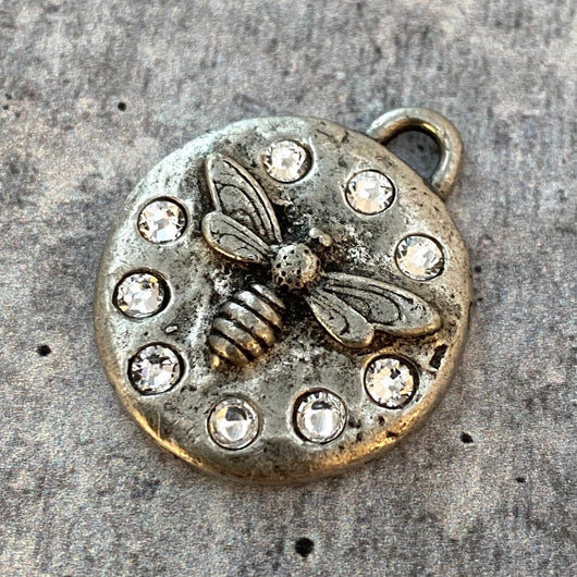 French Bee Pendant with Swarovski Crystal Rhinestones, Honeybee Charm with Sparkle, Antiqued Silver Pewter, Jewelry Supplies, PW-6191