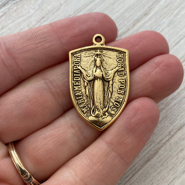 Load image into Gallery viewer, Virgin Mary Medal, Cross Pendant, Crucifix Shield, Antiqued Gold Rosary Parts, Catholic Religious Jewelry Supply, GL-6079
