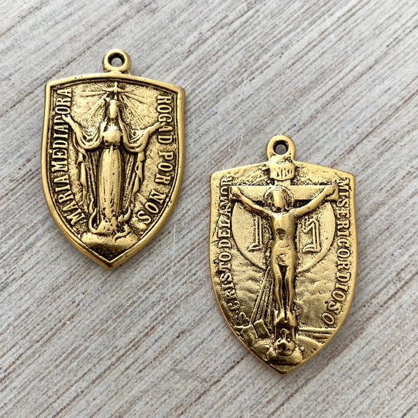 Load image into Gallery viewer, Virgin Mary Medal, Cross Pendant, Crucifix Shield, Antiqued Gold Rosary Parts, Catholic Religious Jewelry Supply, GL-6079
