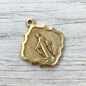 Miraculous Medal, Catholic Religious Antiqued Gold, Diamond Shaped Charm Pendant, Religious Jewelry Supplies, GL-6128