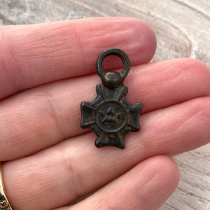 Small Cross Charm with Crown, Antiqued Rustic Brown, Artisan Pendant Charm, Jewelry Making, BR-6125