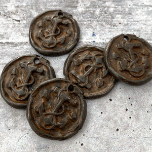 Wax Seal Anchor Charm, Antiqued Rustic Brown Pendant, Nautical Ship Jewelry Making, BR-6126
