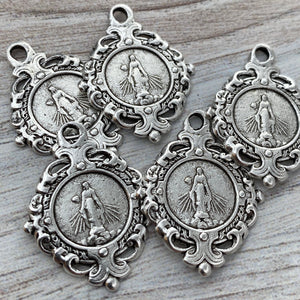 Mary Medal, Art Nouveau Medal, Silver Religious Jewelry Making Charm Pendant, Catholic Jewelry, SL-6115