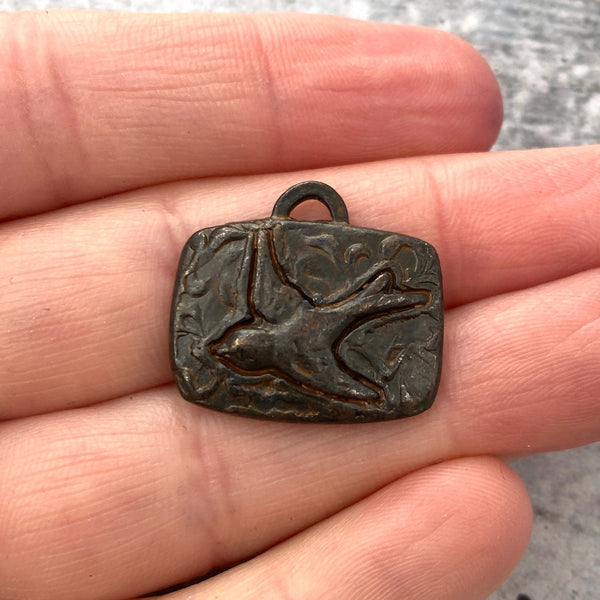 Load image into Gallery viewer, Bird Pendant, Antiqued Rustic Brown Rectangle Nature Charm for Jewelry Making, BR-6117
