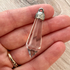 Chandelier Crystal Prism Drop Pendant, Clear with Silver Pewter Bead Cap, Jewelry Making Artisan Findings, PW-S014