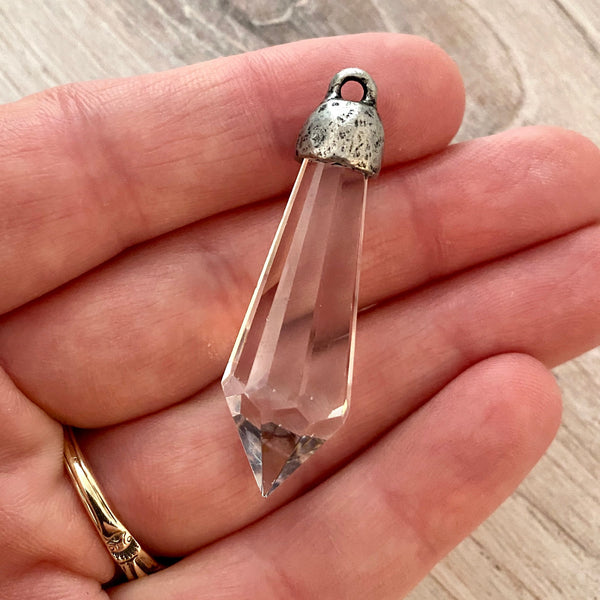 Load image into Gallery viewer, Chandelier Crystal Prism Drop Pendant, Clear with Silver Pewter Bead Cap, Jewelry Making Artisan Findings, PW-S014
