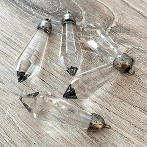 Chandelier Crystal Prism Drop Pendant, Clear with Silver Pewter Bead Cap, Jewelry Making Artisan Findings, PW-S014