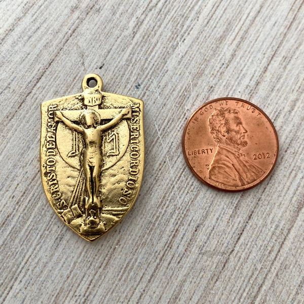 Load image into Gallery viewer, Virgin Mary Medal, Cross Pendant, Crucifix Shield, Antiqued Gold Rosary Parts, Catholic Religious Jewelry Supply, GL-6079
