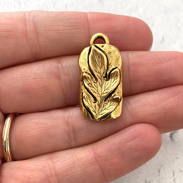 Load image into Gallery viewer, Leaf Bar Pendant, Antiqued Gold Rectangle Charm for Jewelry Making, GL-6120
