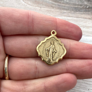 Miraculous Medal, Catholic Religious Antiqued Gold, Diamond Shaped Charm Pendant, Religious Jewelry Supplies, GL-6128