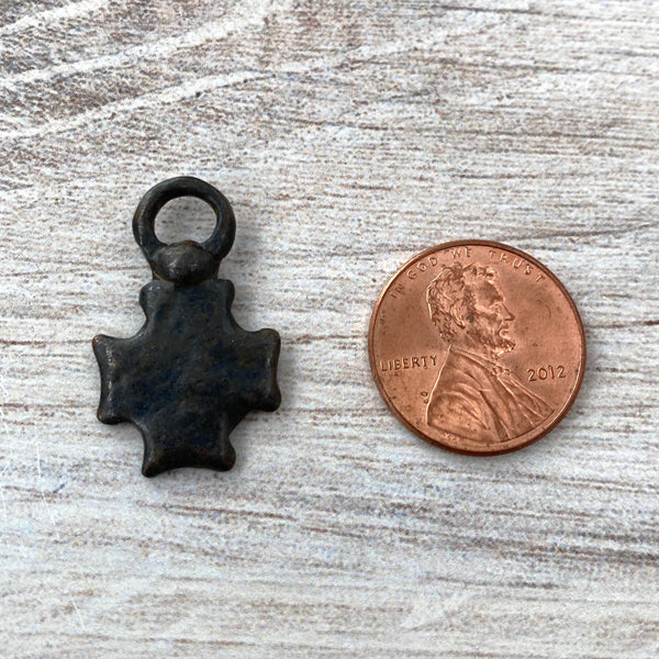 Load image into Gallery viewer, Small Cross Charm with Crown, Antiqued Rustic Brown, Artisan Pendant Charm, Jewelry Making, BR-6125
