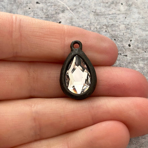 Load image into Gallery viewer, Swarovski Crystal Clear Pear Charm, Rustic Brown Rhinestone Pendant 2303, Jewelry Making Artisan Findings, BR-S018
