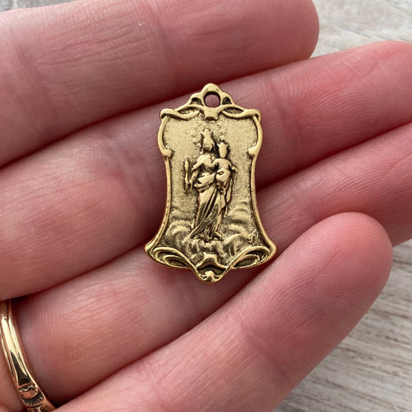 Load image into Gallery viewer, Virgin Mary and Child Catholic Medal, Jesus Sacred Heart, Antiqued Gold Religious Jewelry Making Charm, Bell Shaped Pendant, GL-6130
