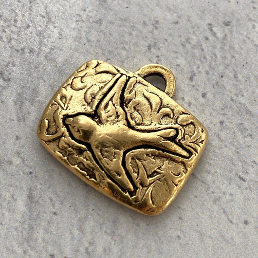 Bird Pendant, Antiqued Gold Rectangle Nature Charm for Jewelry Making, GL-6117