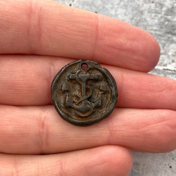 Load image into Gallery viewer, Wax Seal Anchor Charm, Antiqued Rustic Brown Pendant, Nautical Ship Jewelry Making, BR-6126
