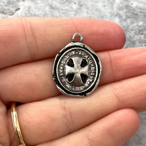 Saint St. Benedict Medal, Wax Seal Charm, Benedictan Cross, Antiqued Silver Catholic Religious Pendant, Jewelry Supplies, PW-6189