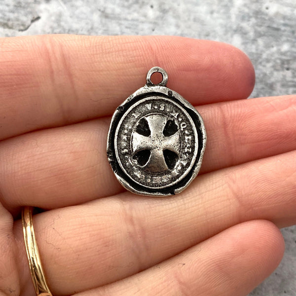 Load image into Gallery viewer, Saint St. Benedict Medal, Wax Seal Charm, Benedictan Cross, Antiqued Silver Catholic Religious Pendant, Jewelry Supplies, PW-6189

