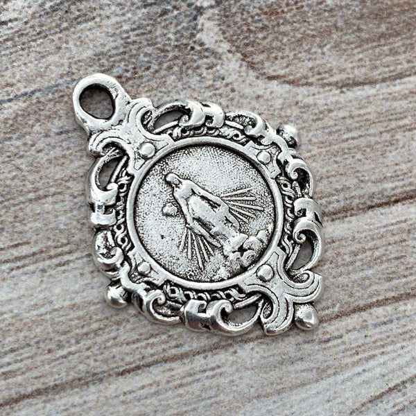 Load image into Gallery viewer, Mary Medal, Art Nouveau Medal, Silver Religious Jewelry Making Charm Pendant, Catholic Jewelry, SL-6115
