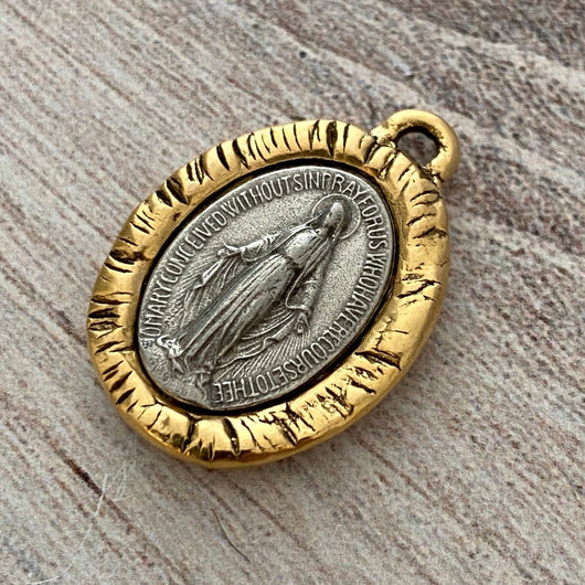 Two Tone Oval Mary Medal, Antiqued Gold and Silver Medal, Catholic Religious Charm Pendant, Religious Jewelry, GL-6066