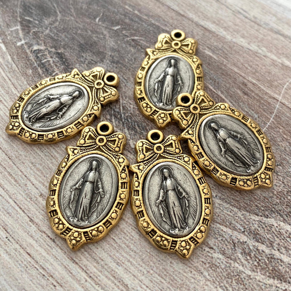 Load image into Gallery viewer, Two Tone Mary Bow Medal, Antiqued Gold and Silver Miraculous Medal, Catholic Religious Charm Pendant, Religious Jewelry, GL-6060

