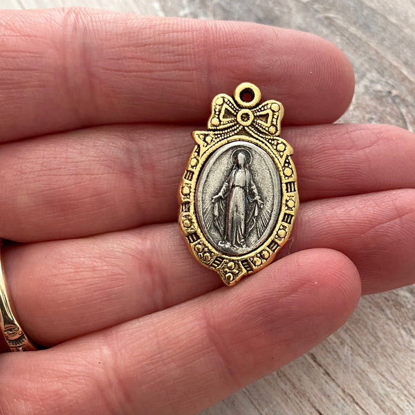 Load image into Gallery viewer, Two Tone Mary Bow Medal, Antiqued Gold and Silver Miraculous Medal, Catholic Religious Charm Pendant, Religious Jewelry, GL-6060
