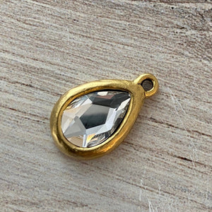 Swarovski Crystal Clear Pear Charm, Gold Rhinestone Pendant 2303, Jewelry Making Artisan Findings, GL-S018