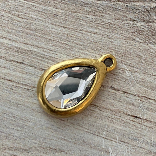 Load image into Gallery viewer, Swarovski Crystal Clear Pear Charm, Gold Rhinestone Pendant 2303, Jewelry Making Artisan Findings, GL-S018
