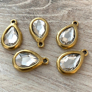 Swarovski Crystal Clear Pear Charm, Gold Rhinestone Pendant 2303, Jewelry Making Artisan Findings, GL-S018