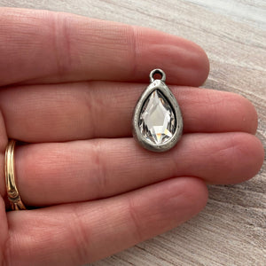 Swarovski Crystal Clear Pear Charm, Silver Pewter Rhinestone Pendant 2303, Jewelry Making Artisan Findings, PW-S018