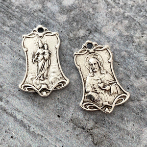 Virgin Mary and Child Catholic Medal, Jesus Sacred Heart, Silver Religious Jewelry Making Charm, Bell Shaped Pendant, SL-6130