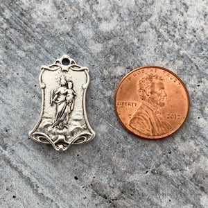 Virgin Mary and Child Catholic Medal, Jesus Sacred Heart, Silver Religious Jewelry Making Charm, Bell Shaped Pendant, SL-6130